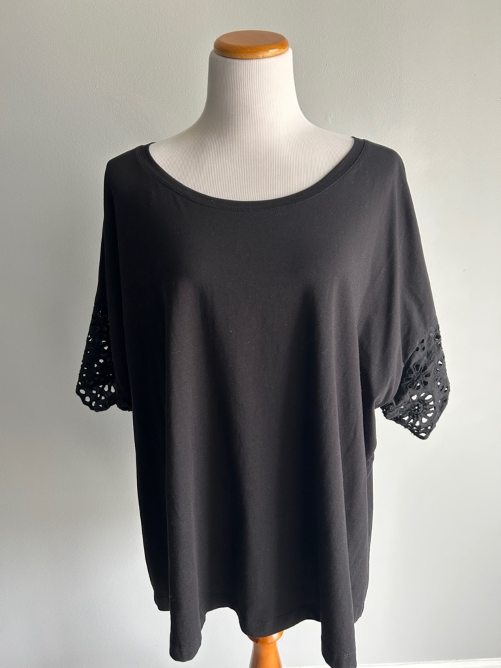 Lane Bryant Black Short Sleeve Top 26-28 with Crochet Like Sleeve Detail